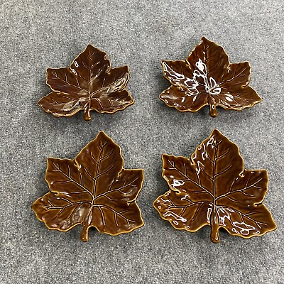 #ad #ad Pottery Barn Harvest Leaf Plates Set of 4 Brown Ceramic Fall Thanksgiving Salad $37.99