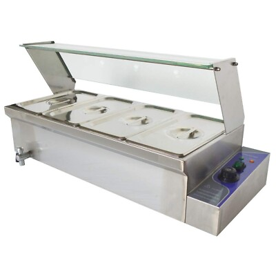 110V 4*1 3*6quot; Pan Buffet Food Warmer Stainless Steel with Glass Sneeze Guard $346.86