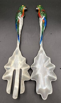 Vnt Pair Of Pewter Silver Overlay Parrot Salad Spoons Hand painted $28.00