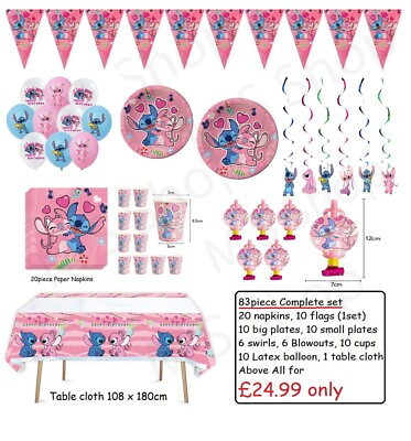 #ad Stitch amp; Lilo Pink Party set Banner Plates Cloth Kid Birthday party decoration GBP 24.95