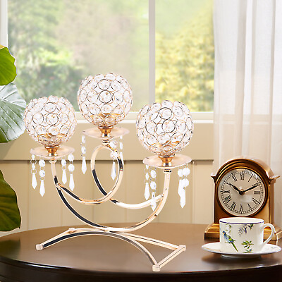 Crystal Candle Holders Pillar Table Centerpiece Golden for Wedding Dinner Decor $35.01