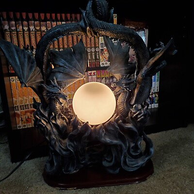 Gothic Vintage Large 20quot; Tall Black Twisted Double Dragon Orb Lamp $225.00