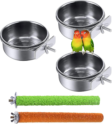 #ad Bird Feeding Dish Cups Parrot Stainless Steel Food Water Dish Perch Stand Platfo $21.99