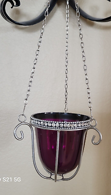 #ad Hanging Purple Glass Candle Holder with White Stones. $8.95