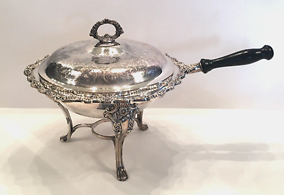 #ad Vintage Silverplate Ornate Sunflower Chafing Set 3 legged Stand Pan Dish Lid $34.95