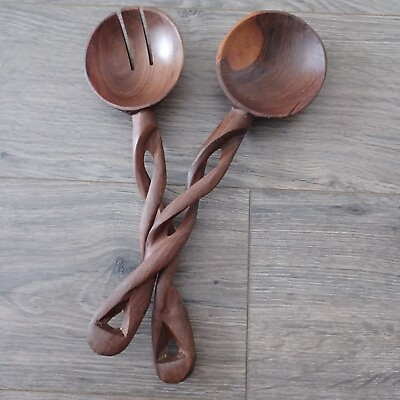 #ad Salad Server Set Hand Carved Exotic Wood with Twisted Handles 11.5quot; $14.99