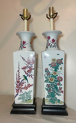#ad pair of vintage tall hand painted white porcelain Chinese electric table lamps $249.99