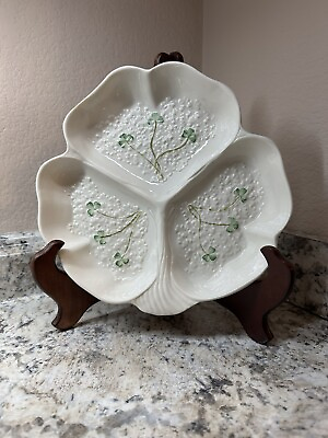 #ad Belleek Fortunes Party Dish Green Clover Ireland 9.75quot; Stamped $29.99