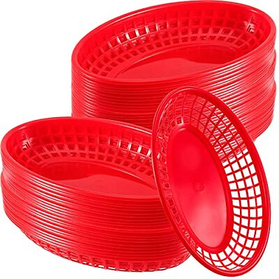 50 Pack Fast Food Baskets Red Bread Baskets Reusable Oval Plastic Food Service $26.78