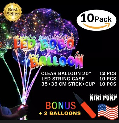 #ad 10 PCS LED Light Up BOBO Balloons 20 Inch WITH THE STICK 10 Pack Clear PUMP $21.99