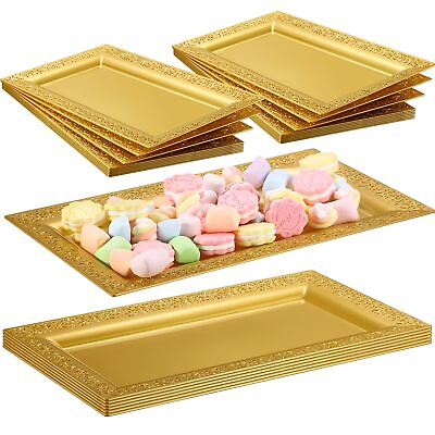 #ad 24 Pcs Gold Plastic Serving Tray Platter Set 14 x 7.5 Inches Gold Lace Rim Se... $52.55