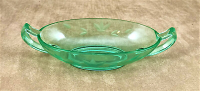 Vintage Relish Pickle Oval Dish Green Uranium Glass Etched Flowers 2 Handles $18.00