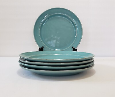 #ad Pottery Barn Salad Plates 9 1 2 Inch Cambria Turquoise Blue Rim Set Of 5 $49.99