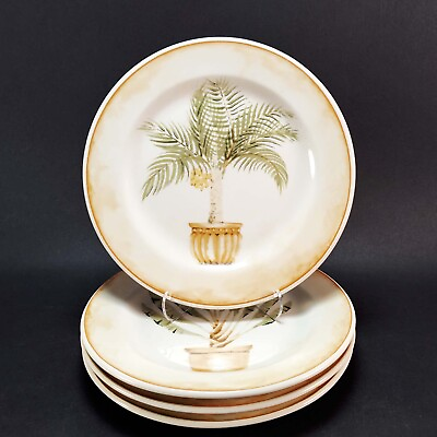 #ad #ad American Atelier West Indies Salad Plates Brown Green Palm Plants 7 3 4quot; Set 4 $16.99