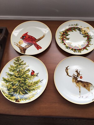 #ad Pottery Barn Holiday Forest Dessert Plate Set of 4 with storage box $70.00