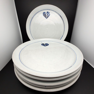 #ad Hand Thrown Art Pottery Plates 11quot; Dinner Blue Heart Stoneware Signed quot;gequot; Set 6 $49.99