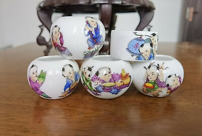 #ad 1set 5pcs Asian Bamboo Bird Cage Boys Porcelain Bird Food Cups Hand Painted $34.85