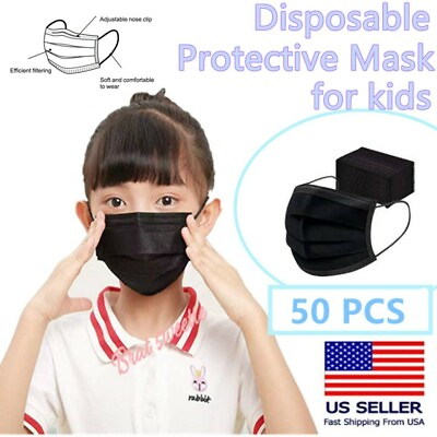 50 Pcs For Kids Children Black 3 Ply Disposable Face Mask Earloop Mouth Cover $5.97