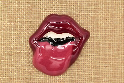 #ad Vintage Porcelain Mouth Tongue Out Pin Brooch Red Enamel Clay BinAL $15.96