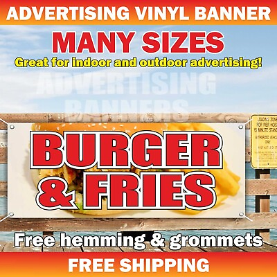 #ad BURGER FRIES Advertising Banner Vinyl Mesh Sign Fast Food Buffet Bar Meat Drinks $219.95