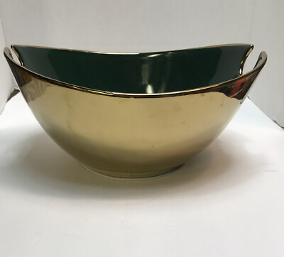 #ad #ad Gold Ceramic? Oval Serving Salad Display Bowl Forest Green Interior 5 1 4 quot; Tall $9.99