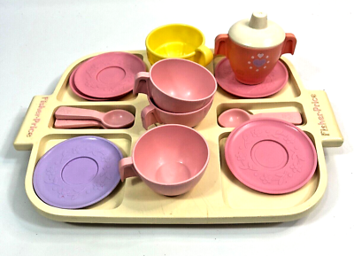 #ad Vintage 1980 era Fisher Price Food Tea Set Spoons Plates Tray $29.95