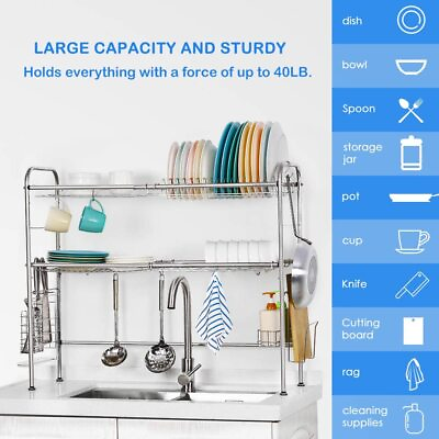 #ad Over The Sink Dish Drying Rack 2 Tier Adjustable Kitchen Dish Rack Cutlery Rack $52.99