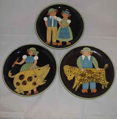 #ad Lot of 3 Sweden Hand Painted Pottery Plates Children Animals Sheep Pig 8quot; SIGNED $45.00