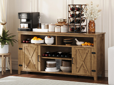 #ad Farmhouse Coffee Bar Cabinet Sideboard Kitchen Buffet Cabinet with Barn Door $136.99