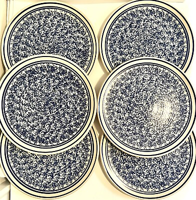 Cobalt Blue Art Pottery Plates 10” Dinner Set Of 6 Sponge Artist Signed $62.00