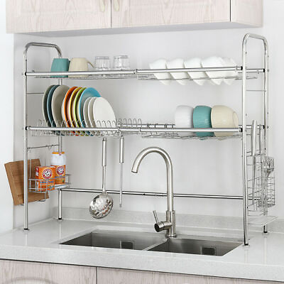 #ad 2 Tier Dish Drying Rack Stainless Steel Drainer Kitchen Storage Cutlery Drainer $56.99