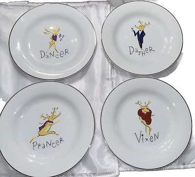 #ad 4 Pottery Barn Reindeer Christmas Plates: Dasher Prancer Vixen Dancer 8.5” $45.99