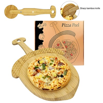 #ad Bamboo Pizza Peel Large Food Board Chopping Pizza Pan 11.4quot; x 17.7quot; with Cutter $25.99