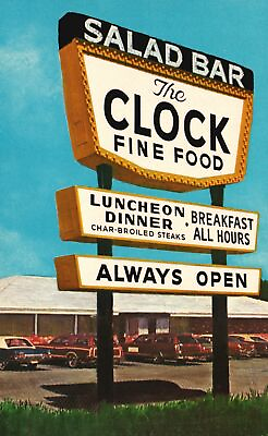 Vintage Postcard Clock Restaurants Salad Bar Fine Food New Port Ritchey Florida $9.86
