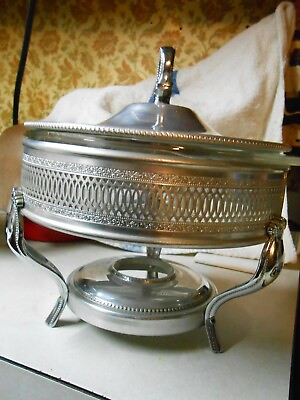 #ad Silver Plated Round tall CHAFING DISH Food Warmer with Pyrex 2 qt glass insertB4 $20.00