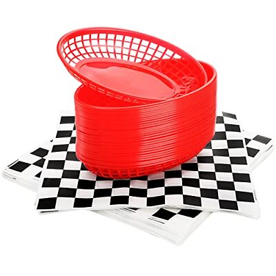 30 Red Oval Fast Food Baskets W 250 Checkered Deli Liners 8.9 X 5.6 X 1.5 Inch $27.03