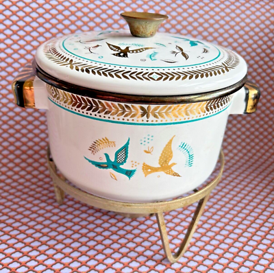 #ad vtg Georges Briard Birds of Paradise CHAFING DISH enamelware mcm enamel pot pan $479.99