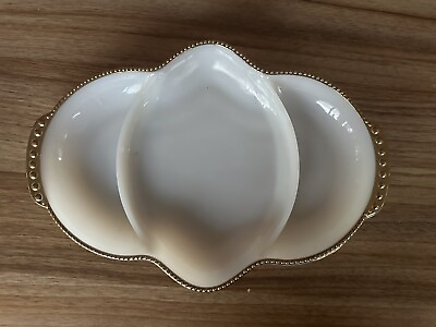 #ad FIRE KING 1957 MILK GLASS 3 PART RELISH W GOLD BEADED TRIM BEAUTIFUL PARTY DISH $10.00