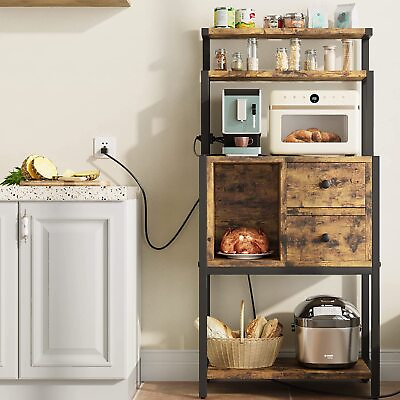 5 Tier Kitchen Bakers Rack with Power Outlet 2 Drawer Coffee Bar Buffet Cabinet $118.99