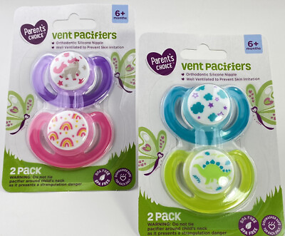 #ad NEW Parents Choice Vented Pacifiers BPA Free 2 Packs 6 Month Unicorn Dinosaur $6.99