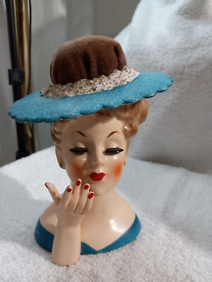 Vintage NAPCO Lady Head Vase C3307A Blue Hat Red Nails 1958 MCM Distressed $55.00