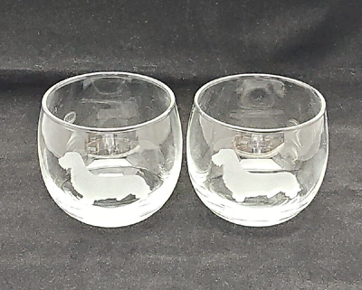 #ad #ad Roly Poly Bar Glasses Etched Long Hair Dachshund set 2 Dog Barware Low Ball $18.99
