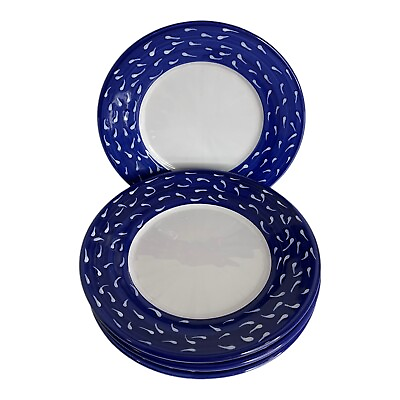 4 Lamas Hand Crafted Italy Pottery Salad Plates Blue Rim White Teardrop Pattern $32.99