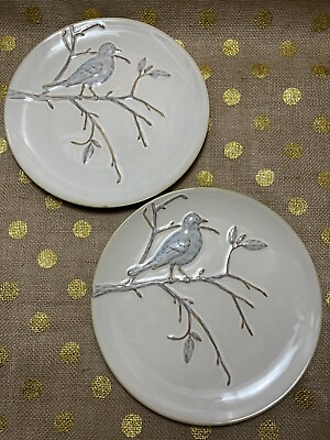 #ad Pottery Barn 3D Embossed Bird on Branch 9” Plates SET OF 2 $23.50