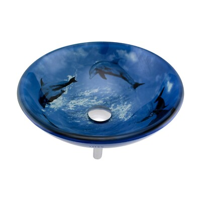 #ad Blue Dolphin Tempered Glass Countertop Vessel Sink Round Bowl with Chrome Drain $142.99
