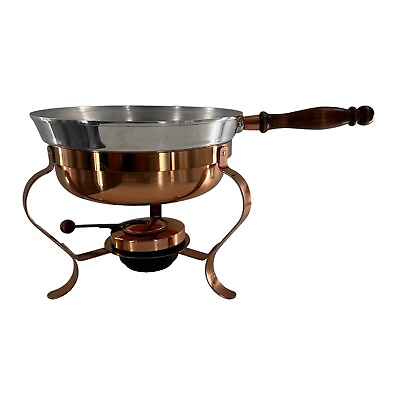#ad Iron and Copper Chafing Dish Fondue Pan Set Wooden Handle Lightweight No Lid $39.98
