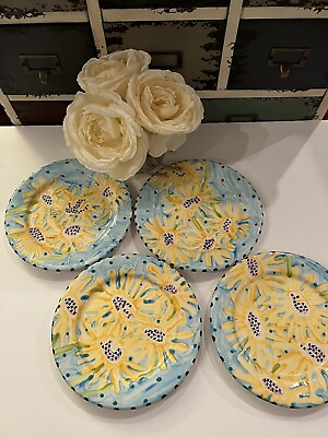 Pottery plates 8” Summer Yellow Flowers Blue Black Set Of 4 Handmade DAK USA CT $47.50