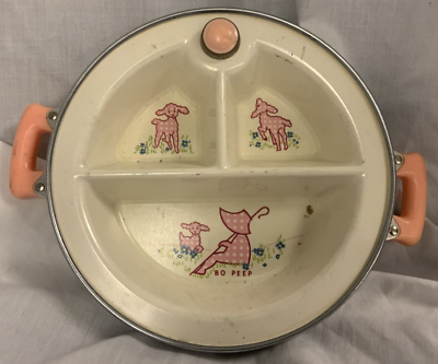 Vintage Pink Divided Dish Baby Warmer Warming Food Plate Handles Lamb Bo Peep $11.66