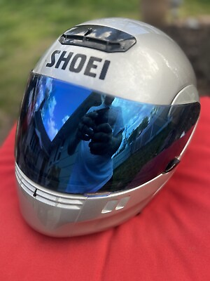 #ad Shoei Silver Syncrotec Full Face Helmet With Blue Mirror Visor Size Medium $159.95