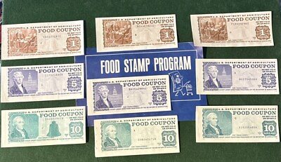 #ad USDA Food Coupons $1 $5 $10 Full Stamp Gem Quality Lot Of 9 Paper Food Stamps $135.00